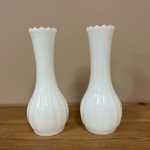 Vintage Ribbed Milk Glass Bud Vase Pair